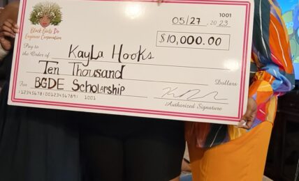 Photo: Kara Branch (right), Founder and CEO of Black Girls Do Engineer Corporation, presents the BGDE Scholarship to senior member Kayla Hooks (middle). Kayla’s mom, Latoya, is pictured on the left.